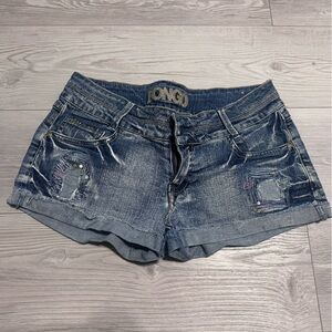 Vintage Y2K Bongo Distressed Embroidered Low Rise Denim Cut Off Shorts, Size 7